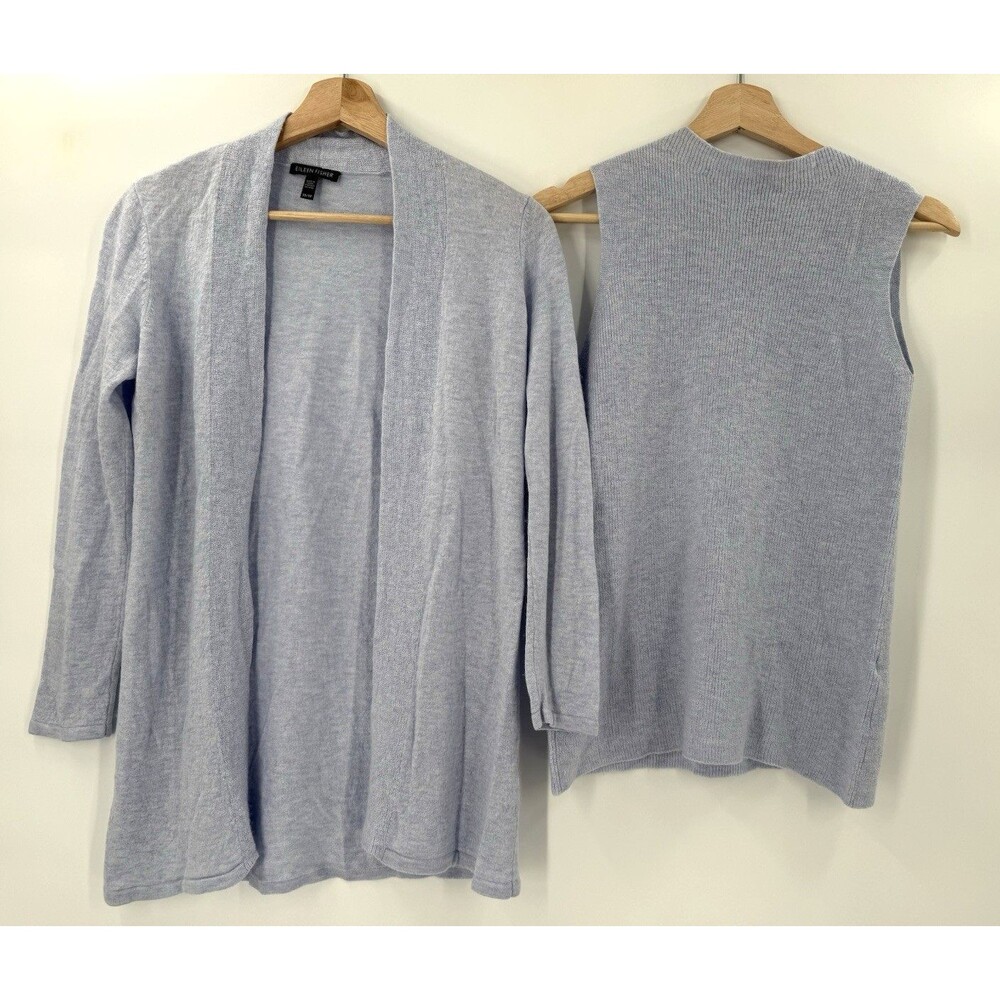 Eileen Fisher Women's Long Sleeve Open Front Cardigan Sweater Set Periwinkle XSM